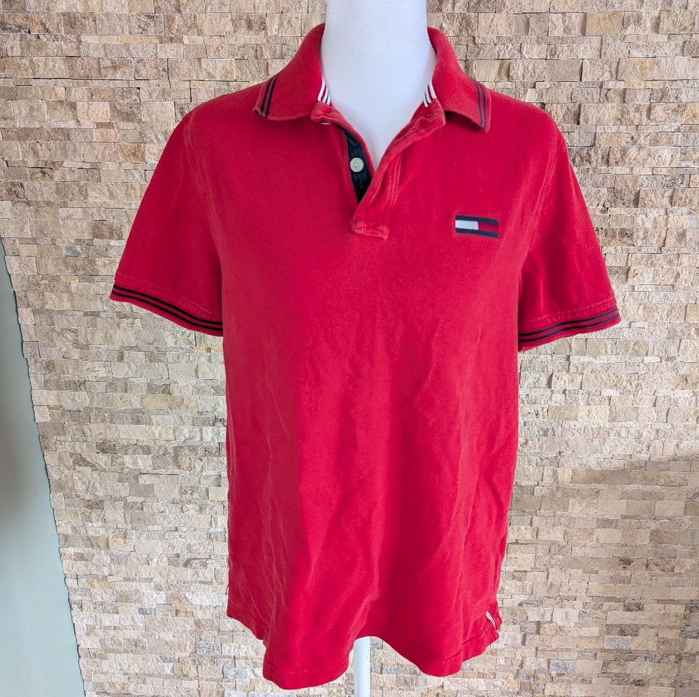 Vintage Style Tommy Hilfiger Denim Polo Embroidered Logo Red 90s Fashion Sz S